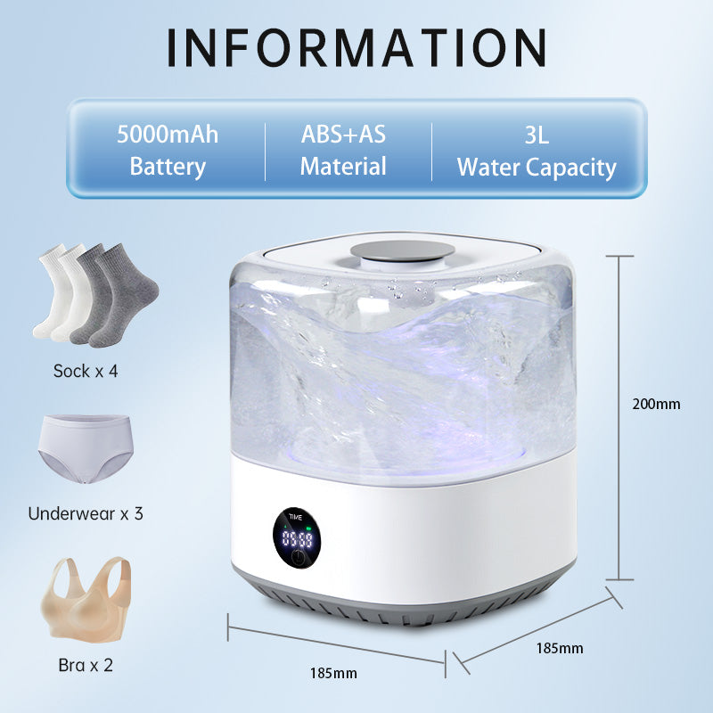 Mini Cordless Washer USB Rechargeable Portable, 3L For Delicates, Socks & Underwear, 3 Modes Quiet Design, Compact For Dorm, Travel & Small Spaces