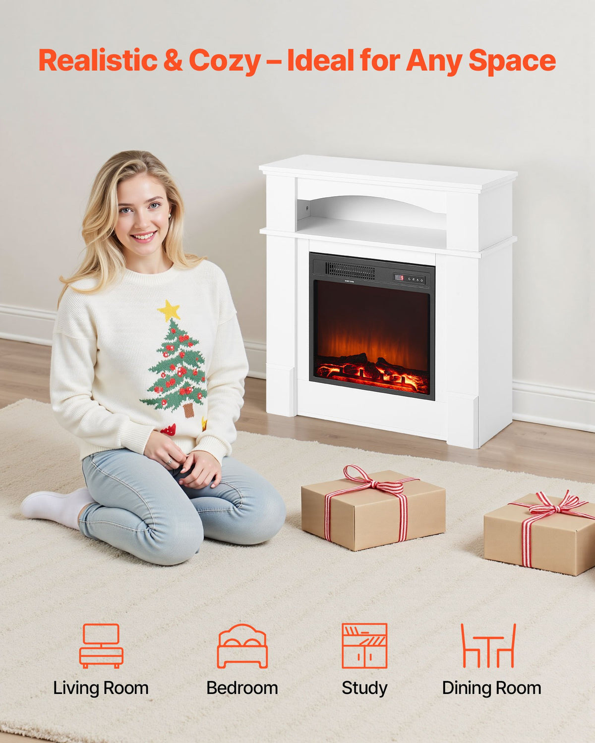 33 Inch Freestanding Fireplaces, 1500W 5120BTU Fake Electric Fireplace Stove Heater With Mantel, Overheating Protection, Adjustable Flames,Timer, Remote, For Living Room,Bedroom,White
